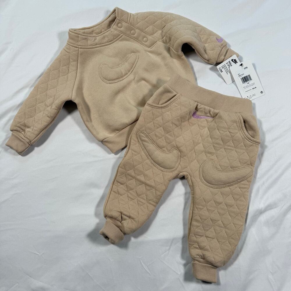 NWT Nike baby two piece sweat set beige and pink size 12M
